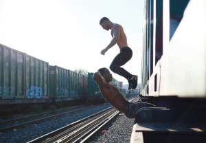 men's fitness, topless men working out on train tracks