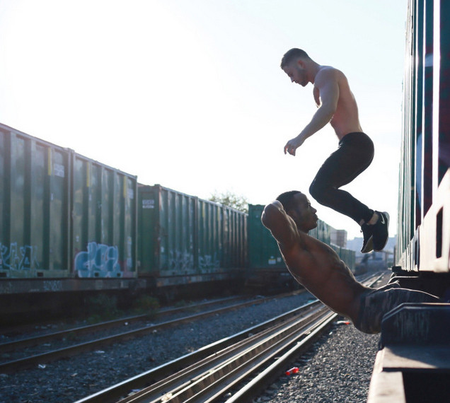 men's fitness, topless men working out on train tracks