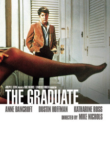the graduate movie poster, anne bancroft, dustin hoffman, leg with pantyhose