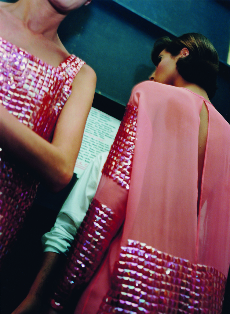isaac mizrahi fashion, models backstage in pink dresses