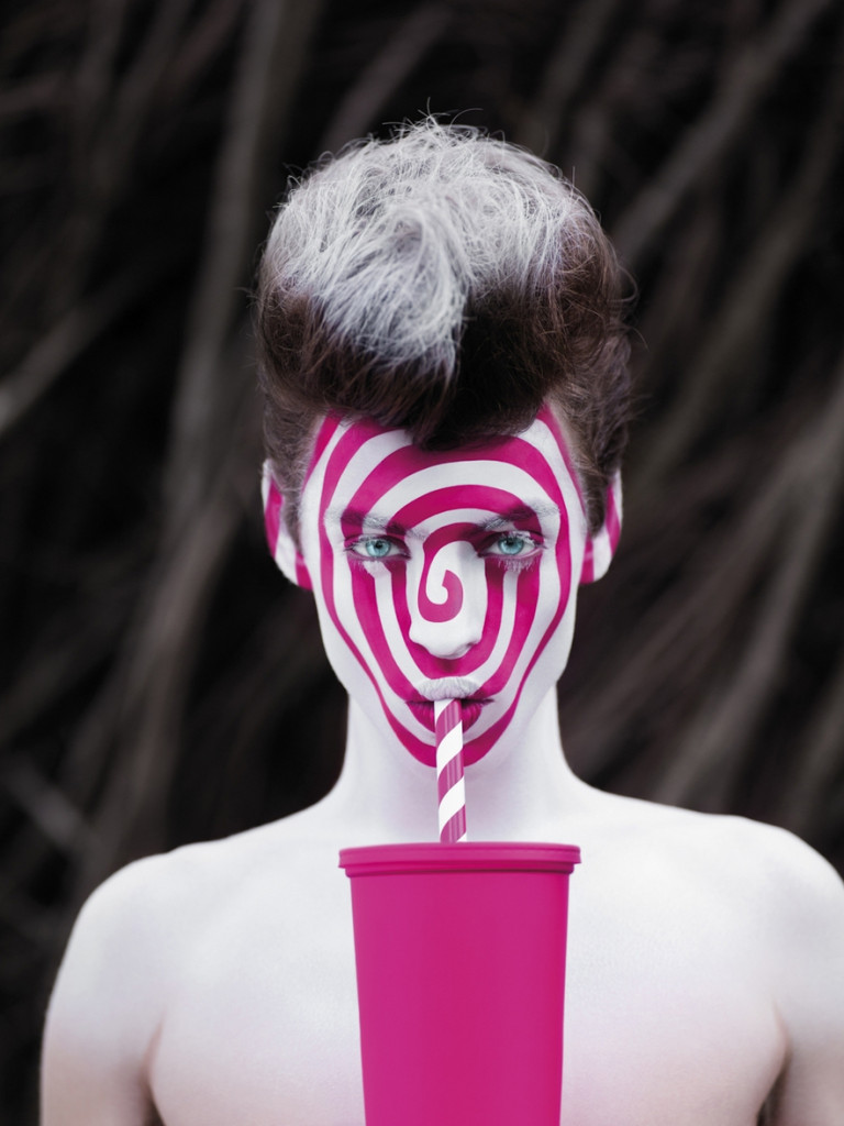 cade martin photography, model with painted face drinking from pink cup