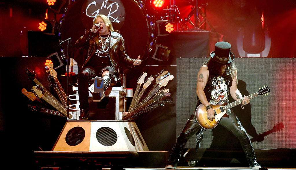 INDIO, CA - APRIL 16: Musician Axl Rose and Slash of Guns N' Roses performs onstage during day 2 of the 2016 Coachella Valley Music & Arts Festival Weekend 1 at the Empire Polo Club on April 16, 2016 in Indio, California. (Photo by Kevin Winter/Getty Images for Coachella)