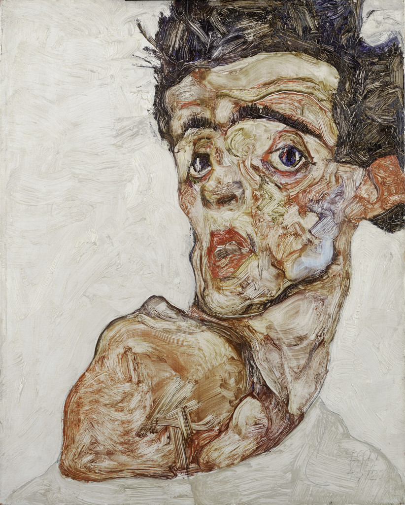 edvard munch, oil painting, egon schiele self portrait with raised bare shoulder