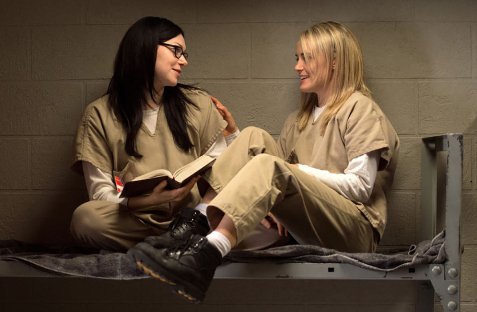 netflix orange is the new black, Taylor Schilling, Laura Prepon, sitting on a bunk