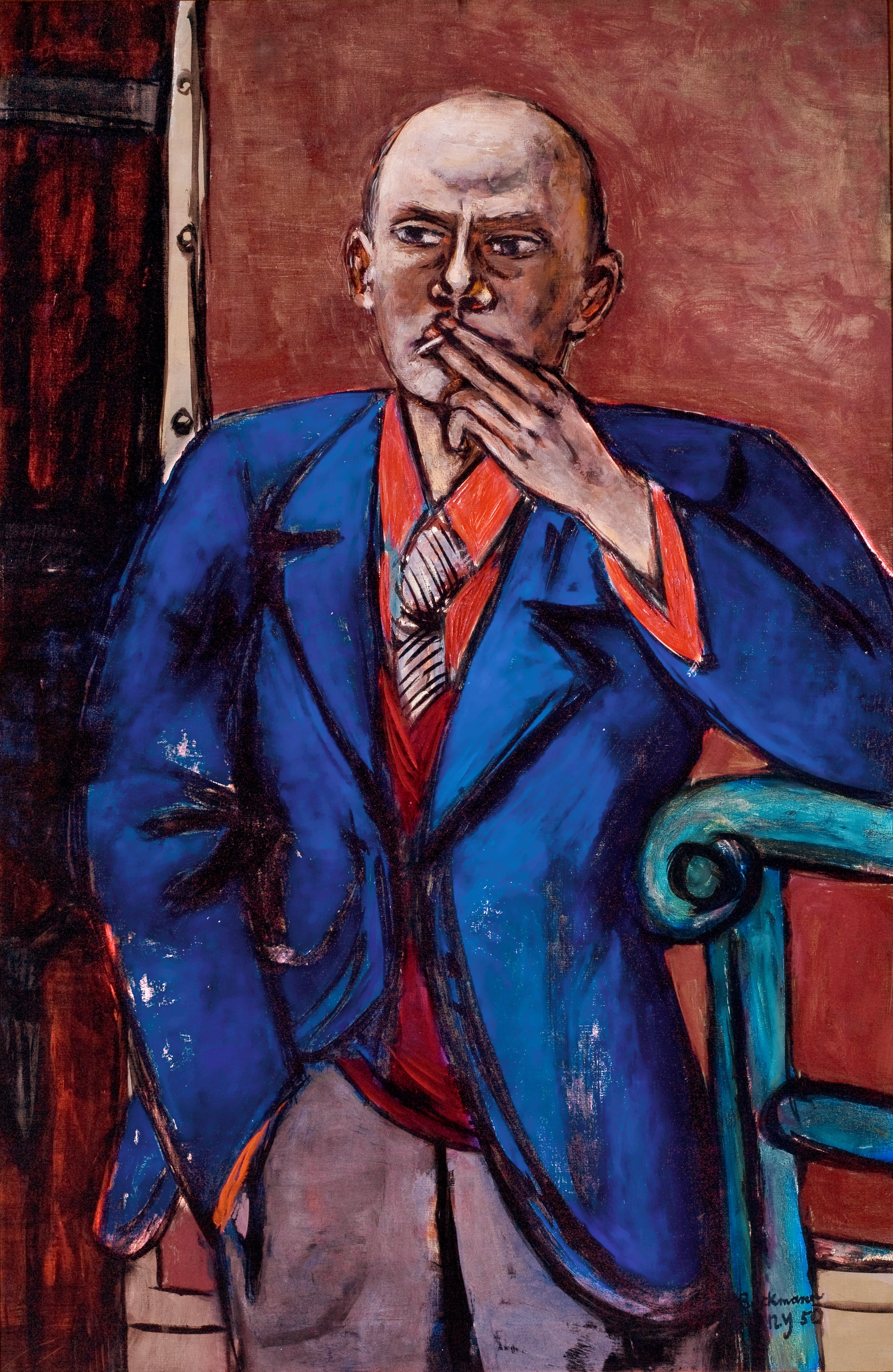 Self-Portrait in Blue Jacket (1950), by Max Beckmann. Oil on canvas, 55.125 × 36 inches; framed: 66.9375 × 48 × 3.1875 in. Saint Louis Art Museum. © 2016 Artists Rights Society (ARS), New York / VG Bild-Kunst, Bonn.