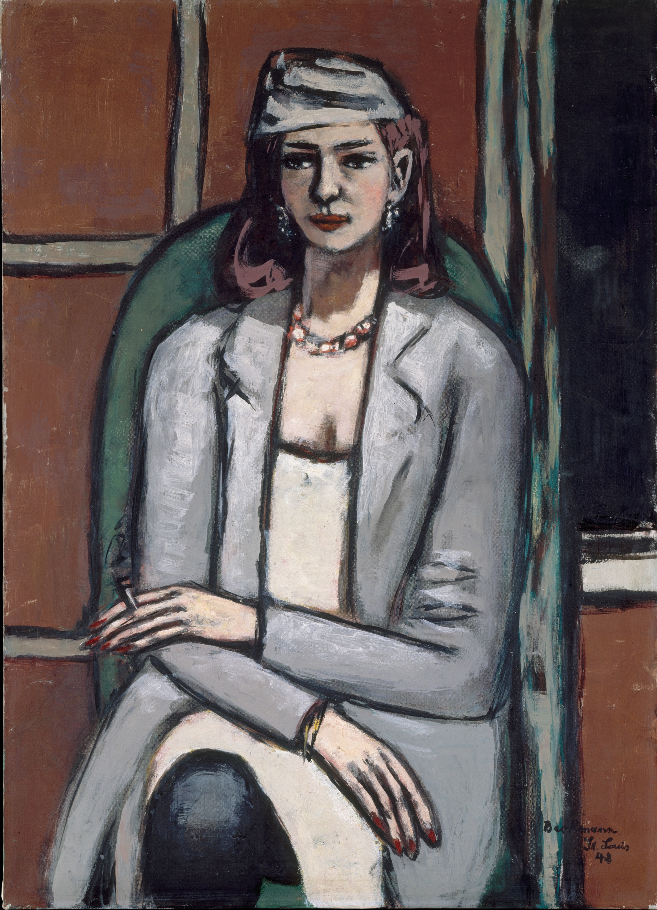 Quappi in Grey (1948), by Max Beckmann. Oil on canvas, 42.5 × 31.125 inches; framed: 55 × 44 inches; Private Collection, New York. © 2016 Artists Rights Society (ARS), New York / VG Bild-Kunst, Bonn.