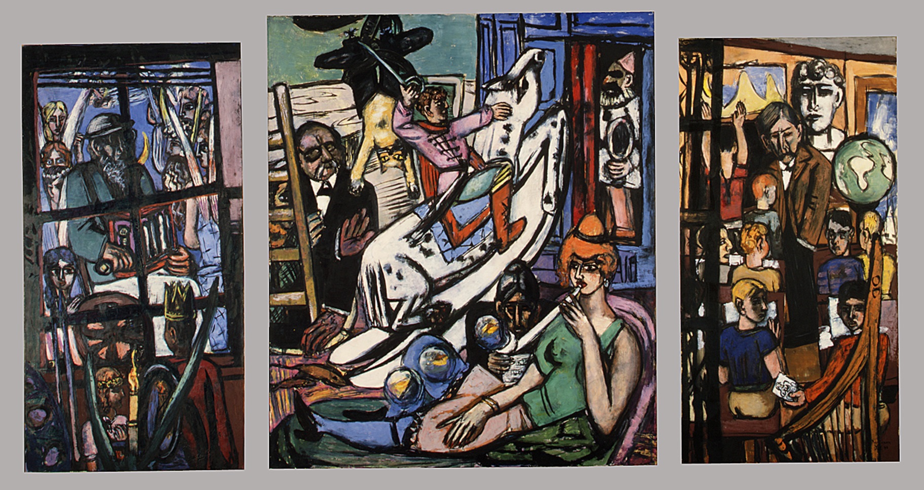 Beginning (1949), by Max Beckmann. Oil on canvas; overall: 69 x 125.5 inches; left (a): 65 × 33.5 inches; center (b): 69 × 59 inches; right (c): 65 × 33.5 inches. Metropolitan Museum of Art, New York. © 2016 Artists Rights Society (ARS), New York / VG Bild-Kunst, Bonn.