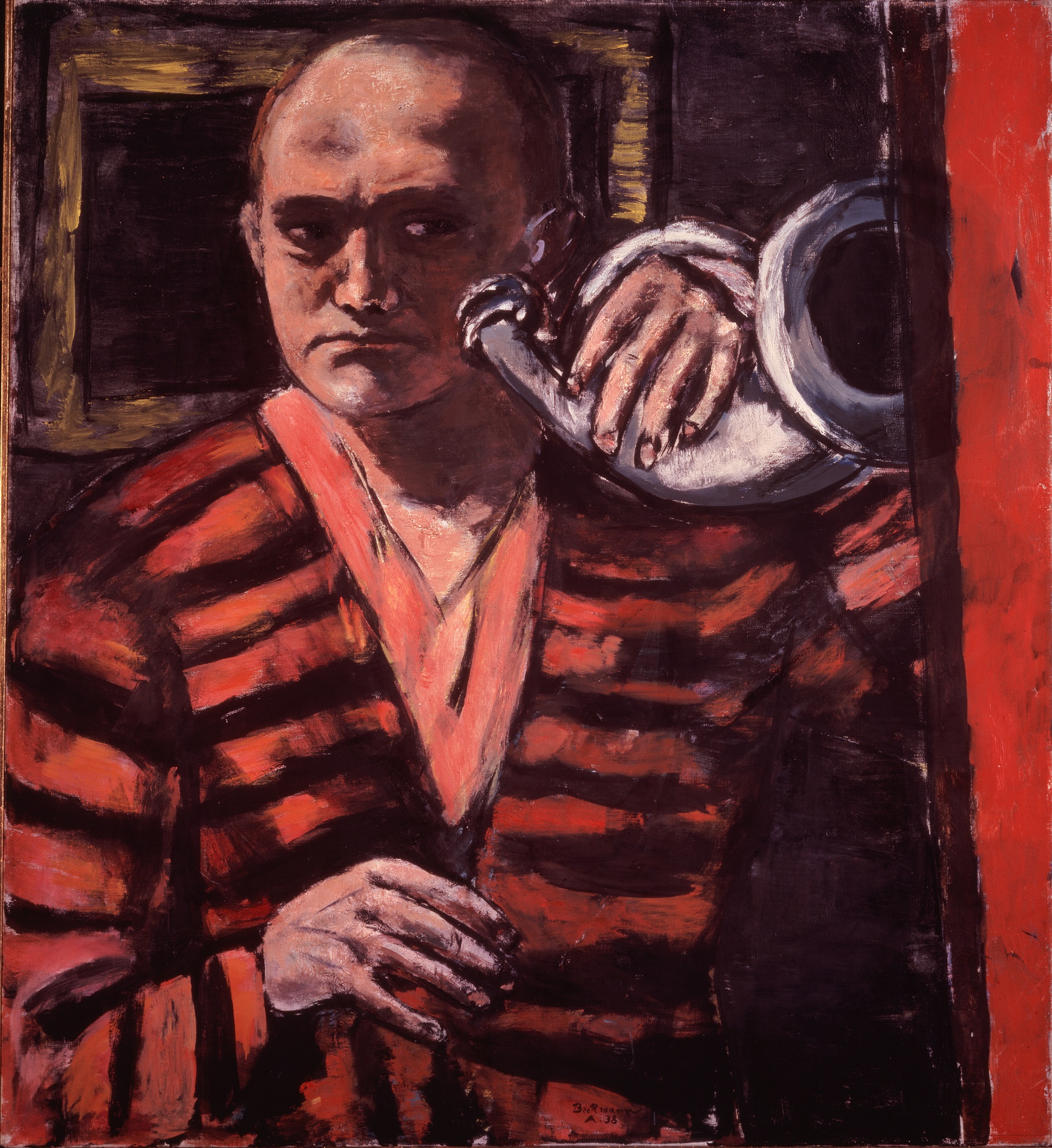 Self-Portrait With Horn (1938), by Max Beckmann. Oil on canvas, 43.25 × 39.25 inches. Neue Galerie, New York, and Private Collection. © 2016 Artists Rights Society (ARS), New York / VG Bild-Kunst, Bonn.