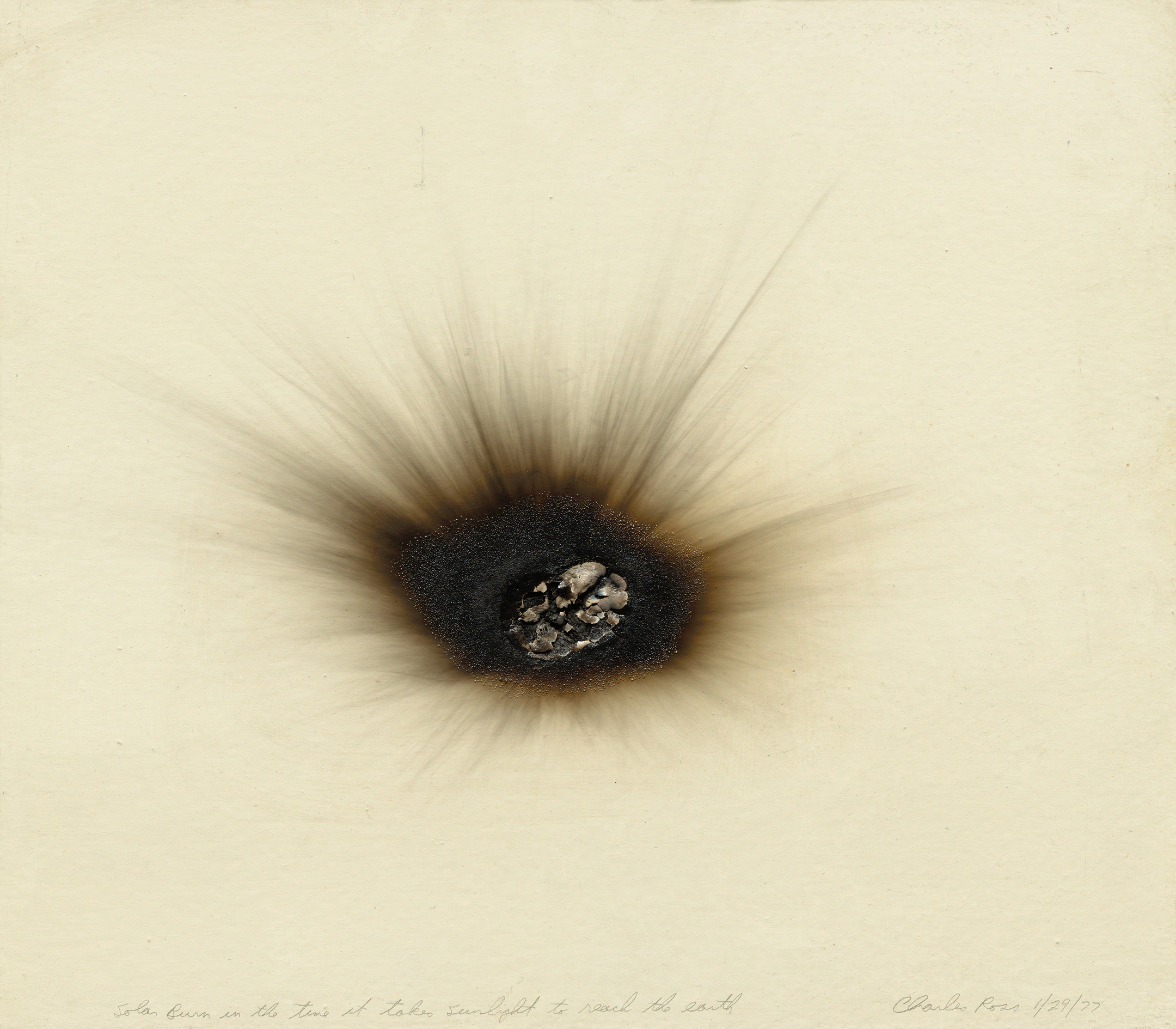 Solar Burn 1/29/77 (1977), by Charles Ross. Painted wooden panel burned by the sun, 14.25 x 16.25 inches. Collection of Virginia Dwan.