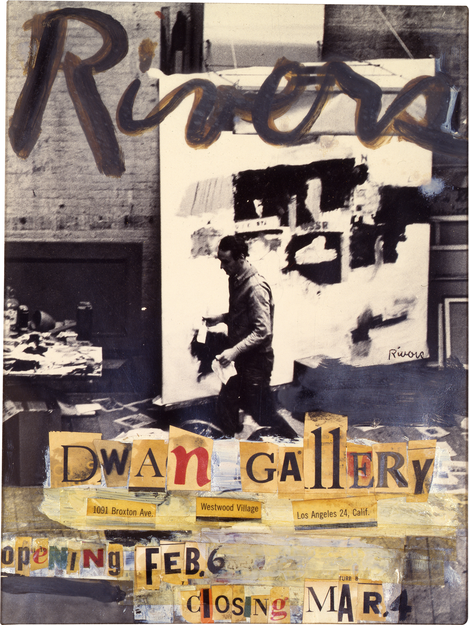 Maquette for Larry Rivers Exhibition at Dwan Gallery (1961), by Larry Rivers. Collage of cut-out text, paint and tape on gelatin silver print mounted on paper board; mount (irregular): 14.0625 x 12.1875 inches. Collection of Virginia Dwan.