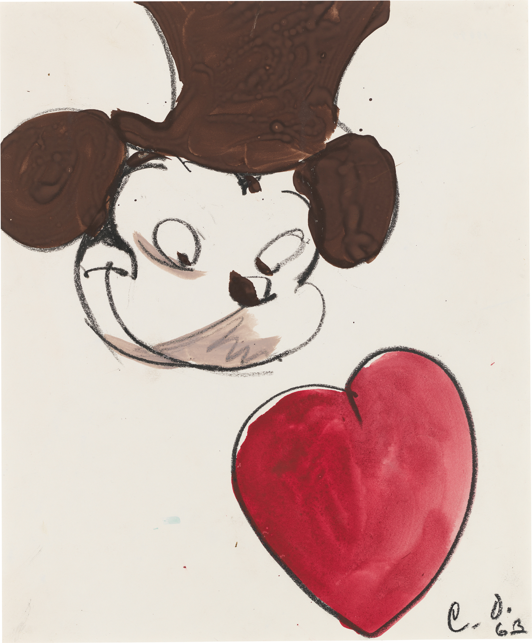 Study for Announcement for One-Man Show at Dwan Gallery—Mickey Mouse with Red Heart (1963), by Claes Oldenburg. Wax crayon and watercolor on paper, 16.625 x 13.75 inches. Whitney Museum of American Art, New York. © 1963 Claes Oldenburg. Digital Image © Whitney Museum, NY.
