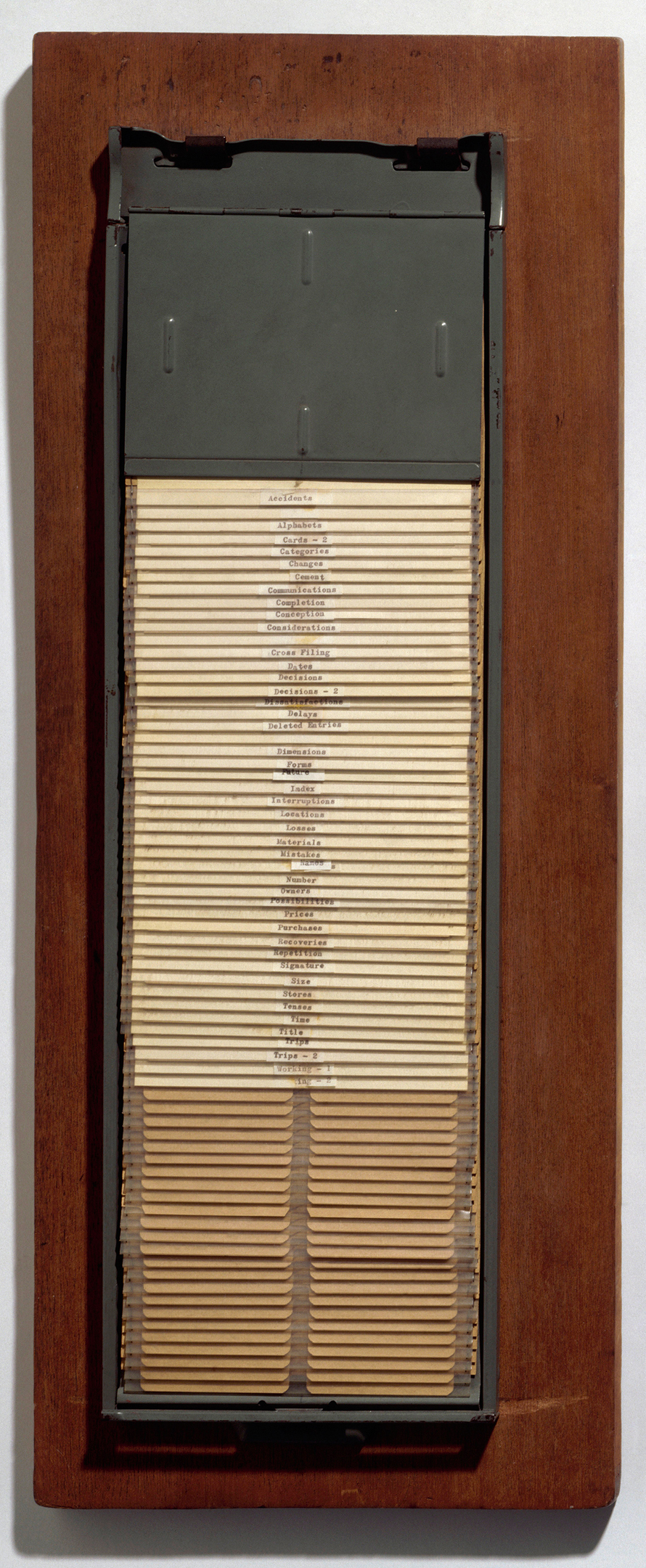 Card File (1962), by Robert Morris. Metal, wood and paper, 26.9375 x 10.625 x 1.5625 inches. Centre Pompidou, Paris. © 2016 Robert Morris/Artists Rights Society (ARS), New York. © CNAC/MNAM/Dist. RMN-Grand Palais/Art Resource, NY.