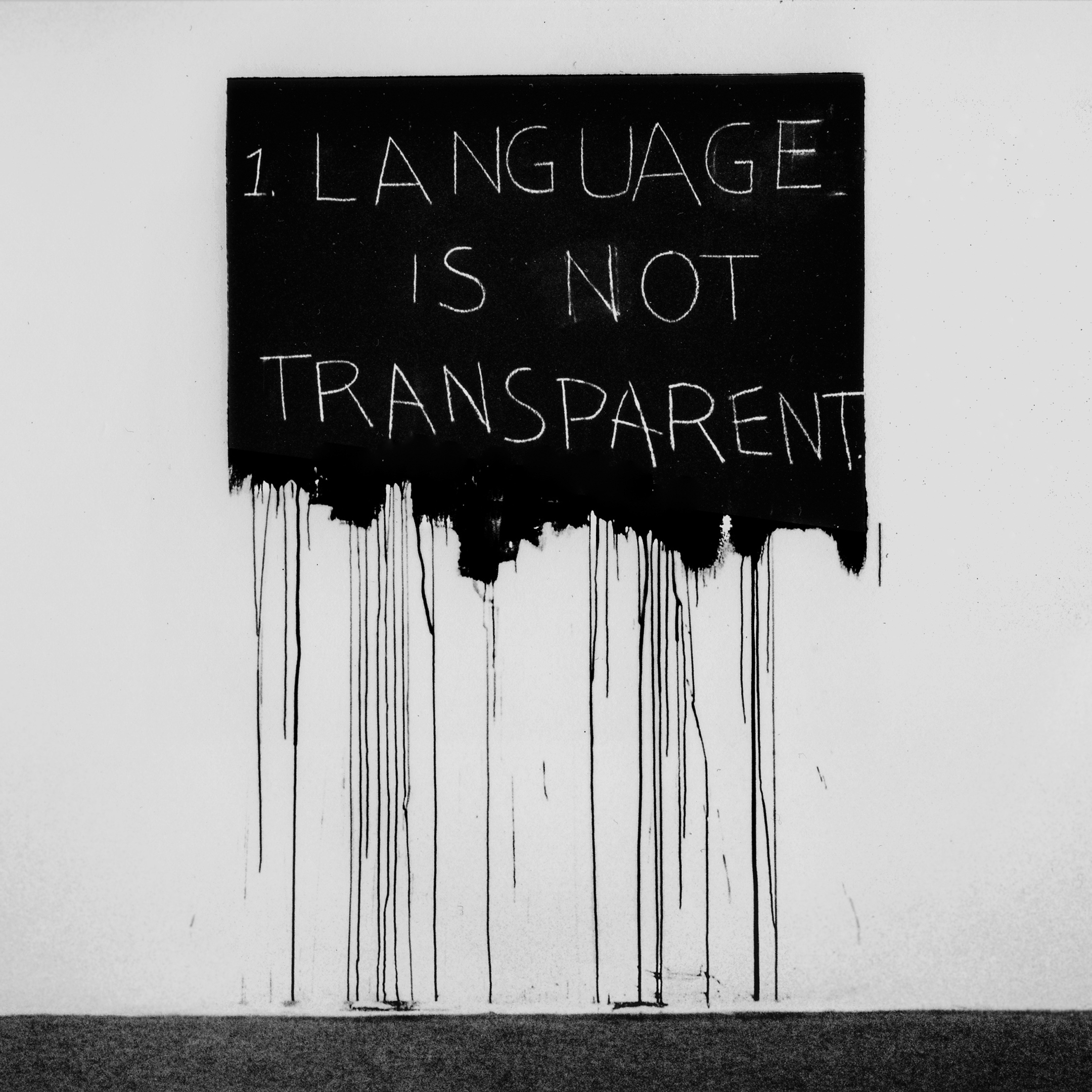 Language Is Not Transparent (1970), by Mel Bochner. Chalk on paint and wall template, 36 x 48.25 inches; installed: 72 x 48.25 inches. Los Angeles County Museum of Art.