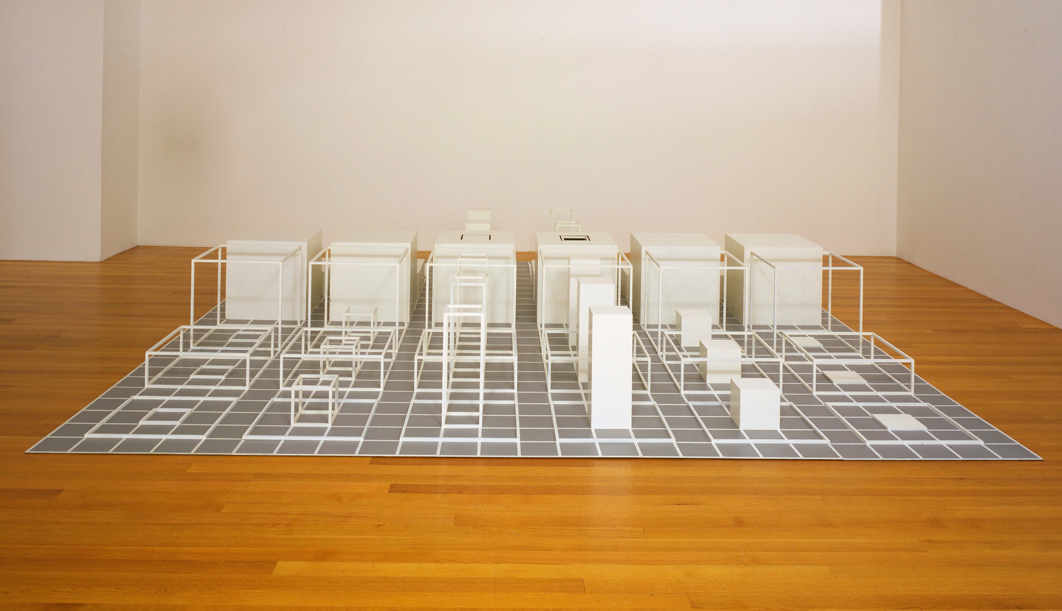 Serial Project, 1 (ABCD), 1966), by Sol LeWitt. Baked enamel on steel units over baked enamel on aluminum, 20 x 163 x 163 inches. Museum of Modern Art, New York. © 2016 LeWitt Estate/Artists Rights Society (ARS), New York. Digital Image © The Museum of Modern Art/Licensed by SCALA/Art Resource, NY.