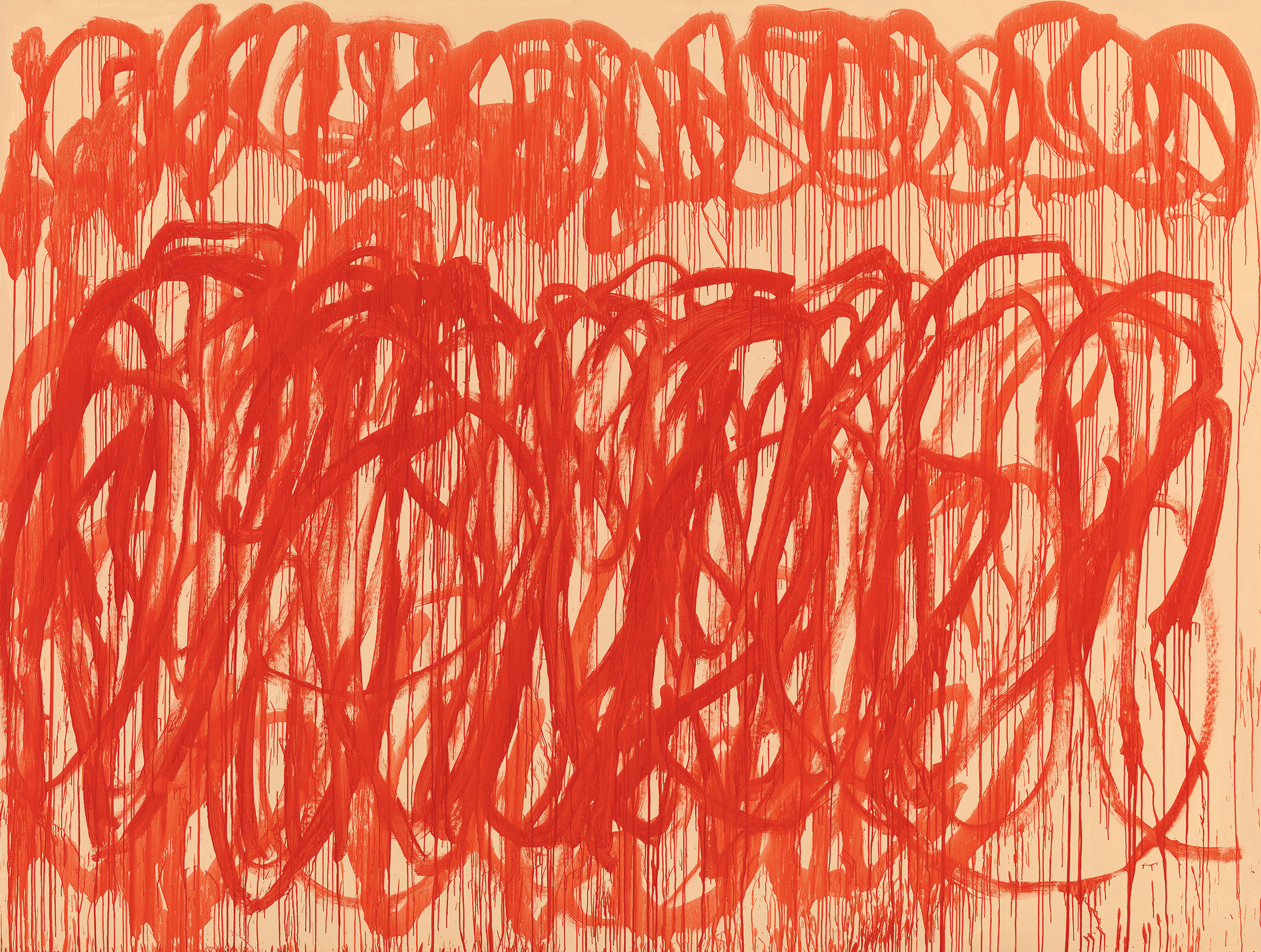 Untitled (Bacchus) (2005), by Cy Twombly. Acrylic on canvas, 317.5 x 417.8 cm. Udo and Anette Brandhorst Collection. BKP, Berlin. RMN-Grand Palais / Image BStGS.