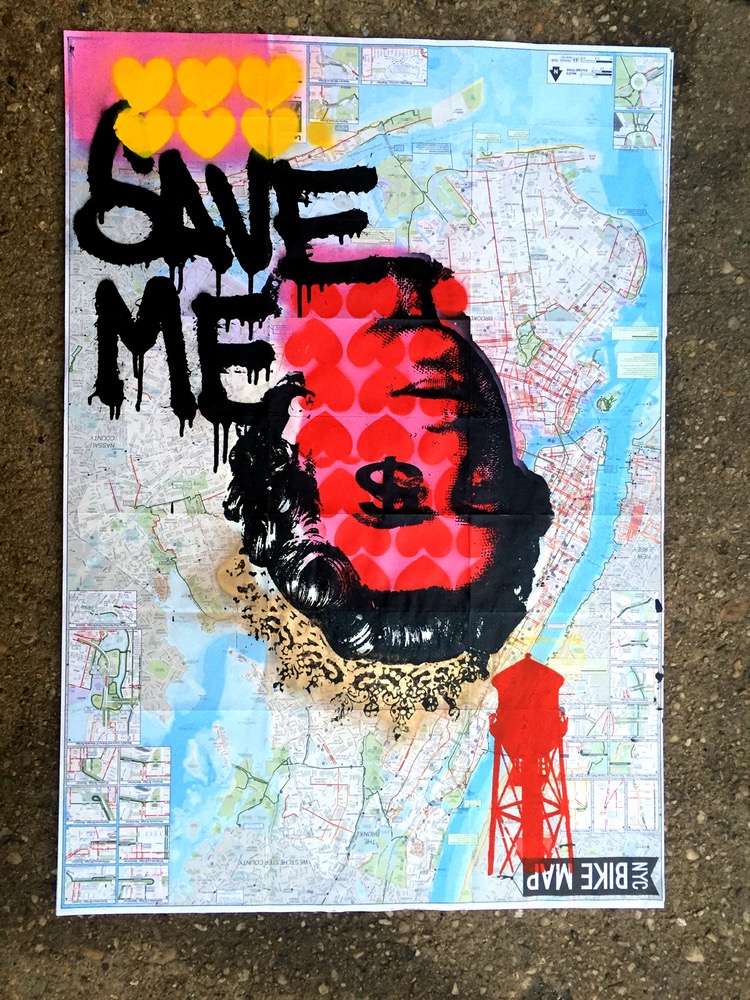 Queen and Money, by Fabrika Ouch. Original mixed-media work: silkscreen print, spray paint on NYC bike map.