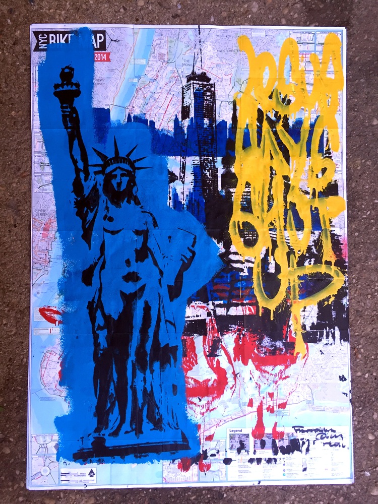 Imperial Skull Ouch, by Fabrika Ouch. Original mixed-media work: silkscreen print and spray paint on NYC bike map, 24.5 x 35 inches.