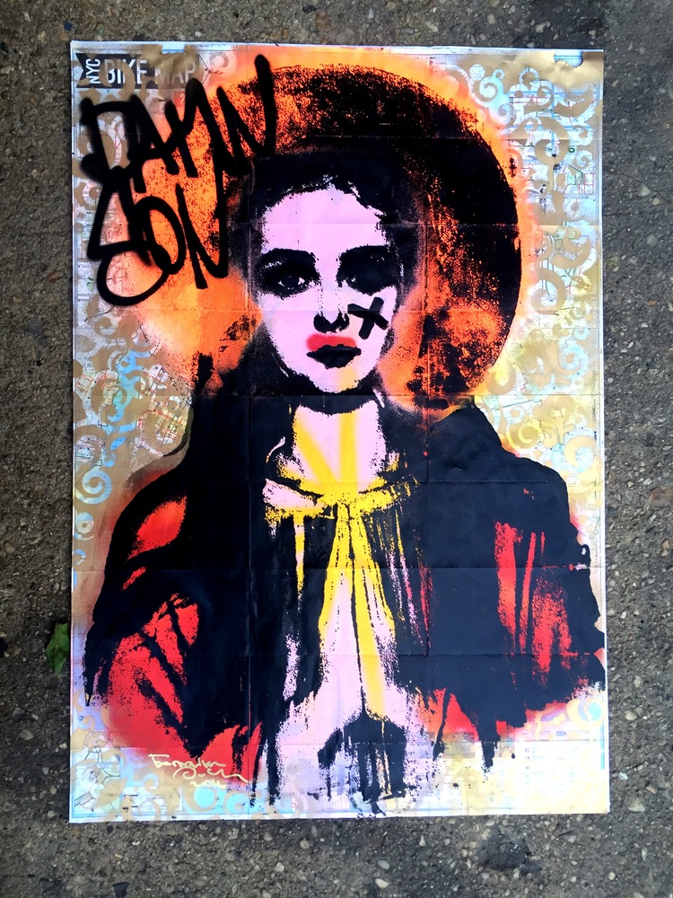 Naked Liberty (2016), by Fabrika Ouch. Original mixed-media work: silkscreen print and spray paint on NYC bike map, 35 x 24 inches.