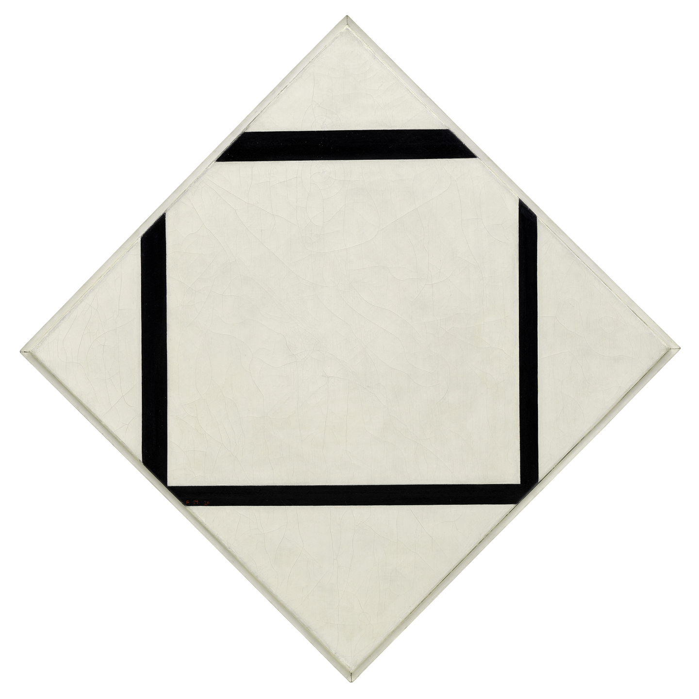 Composition No. 1: Lozenge with Four Lines (1930), by Piet Mondrian. Oil on canvas, 75.2 x 75.2 cm; vertical axis: 105 cm. Solomon R. Guggenheim Museum, New York. © 2016 Mondrian/Holtzman Trust.