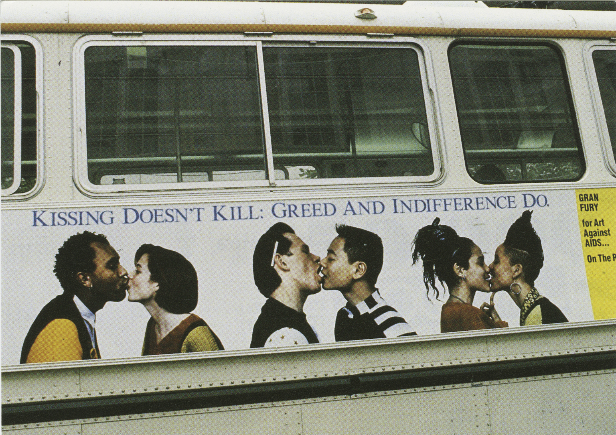 Kissing Doesn't Kill: Greed and Indifference Do (1989), bus poster designed by Gran Fury for Art Against AIDS/On the Road and Creative Time, Inc. Gran Fury. Courtesy New York Public Library Manuscripts and Archives Division.