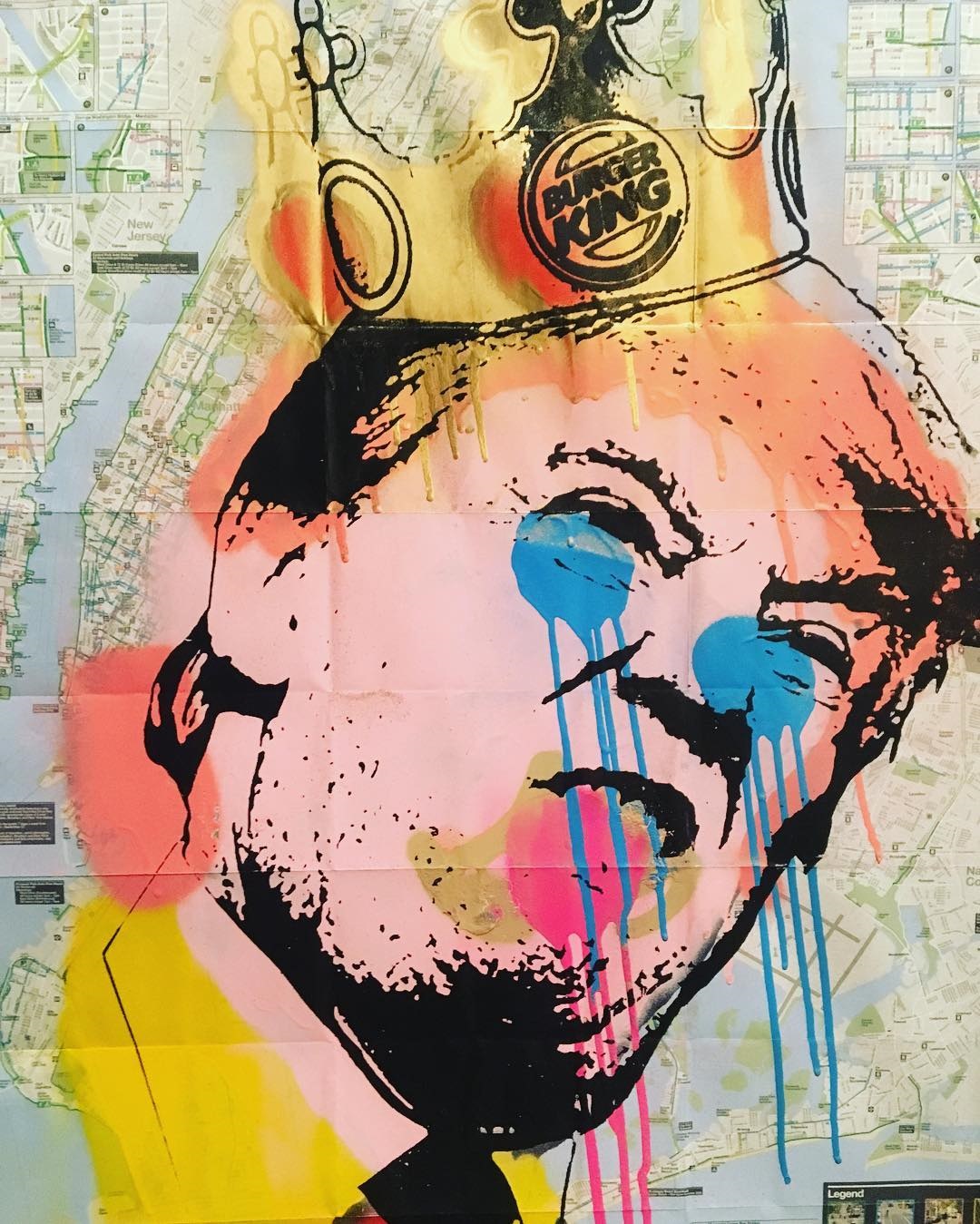 King Trump 2, by Fabrika Ouch. Original mixed-media work: silkscreen print, spray paint on NYC bike map.