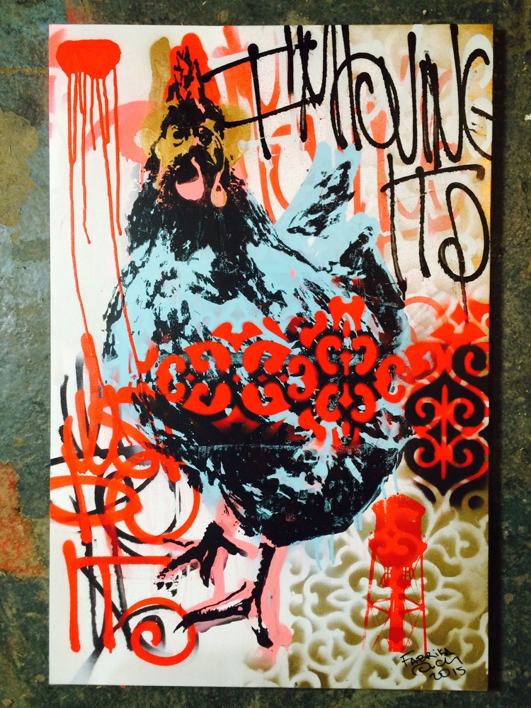 Vegan Mary (2016), by Fabrika Ouch. Original mixed-media work: silkscreen print and spray paint on NYC bike map, 35 x 24.5 inches.