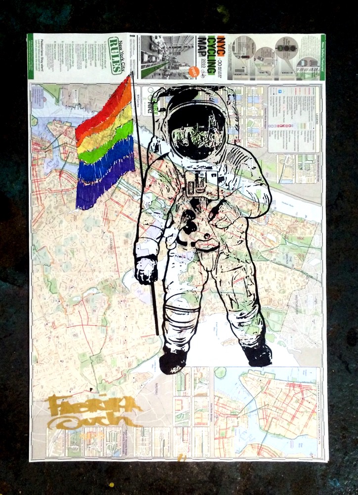 Naked Lady Angel (2016), by Fabrika Ouch. Original mixed-media work: silkscreen print and spray paint on NYC bike map, 35 x 24 inches.