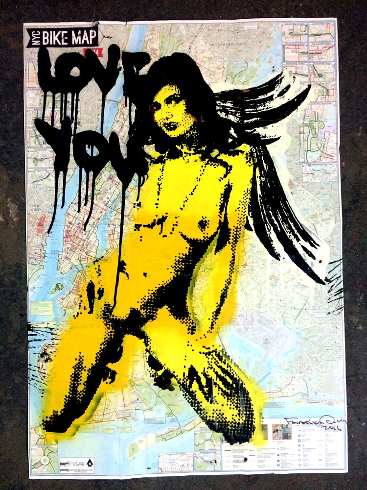 Naked Lady Angel (2016), by Fabrika Ouch. Original mixed-media work: silkscreen print and spray paint on NYC bike map, 35 x 24 inches.