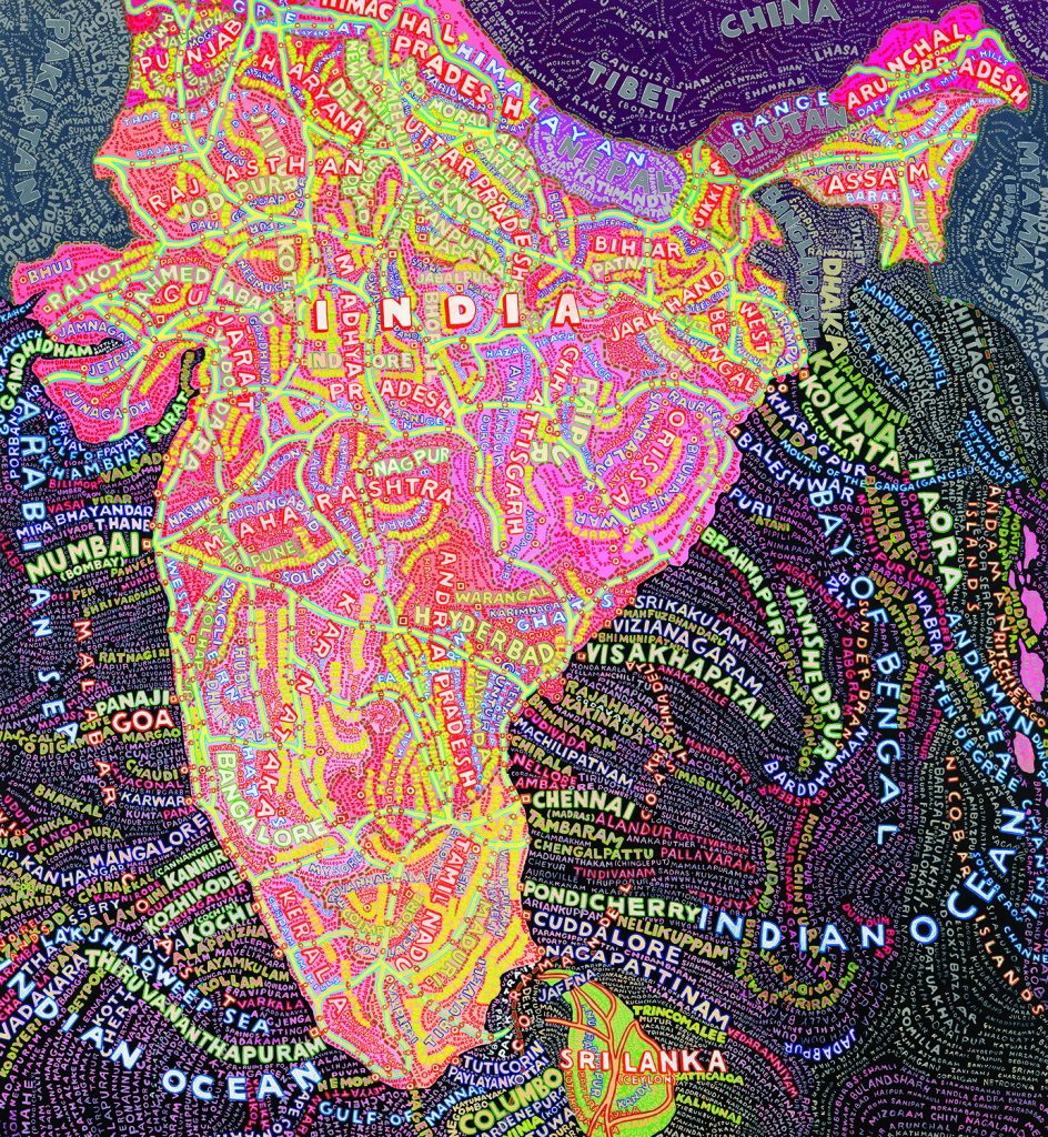 India by Paula Scher (2007). Acrylic on canvas, 98 1/2 x 91 1/2 inches. Courtesy of Jim Kempner Fine Art. 