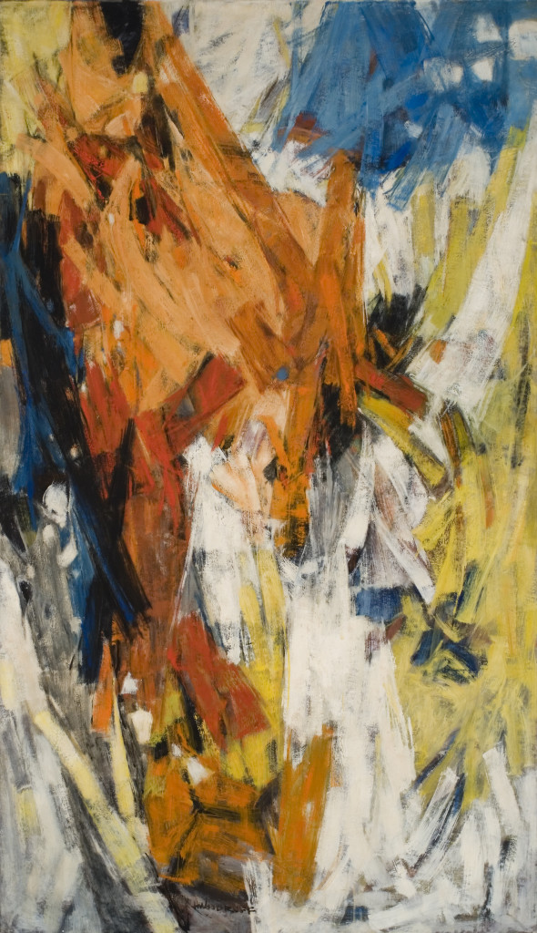 Blue Intrusion by Hale Woodruff (1958).  Oil on canvas, 70 x 40 inches.  Grey Art Gallery, New York University Art Collection. Anonymous gift, 1958.35. Art © Estate of Hale Woodruff/Licensed by VAGA, New York, NY.