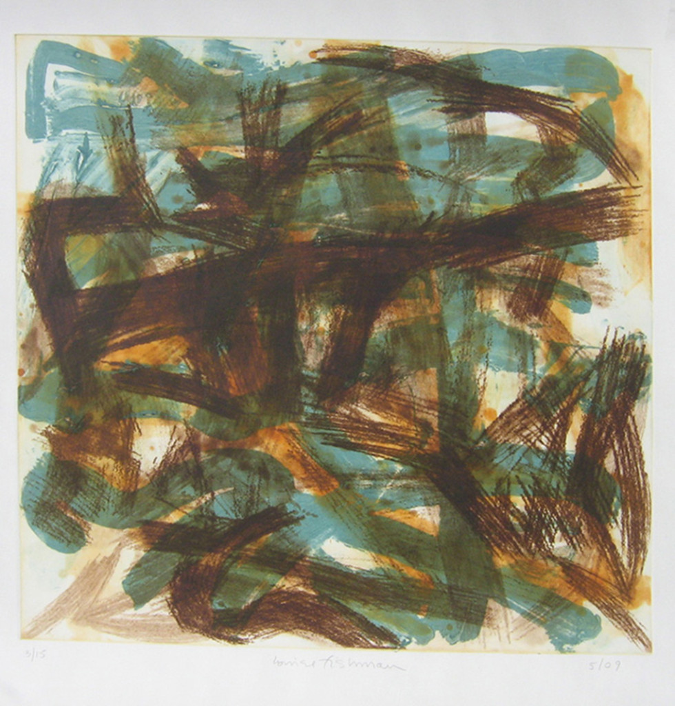 Brown on Blue by Louise Fishman (2009). Carborundum etching, 30 1/2 x 30 inches (edition of 15). Courtesy of Jim Kempner Fine Art. 