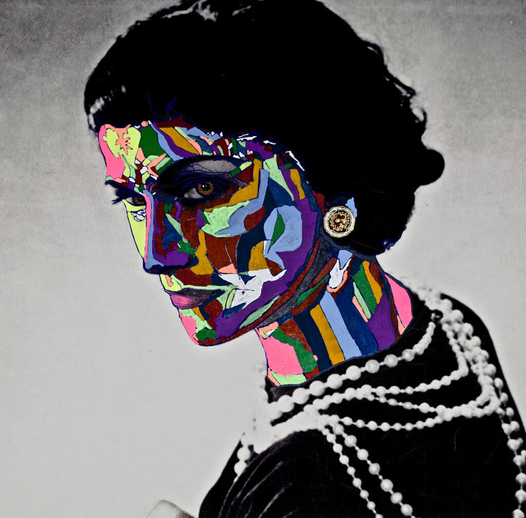 Coco Chanel by Ariel Shallit. Archival digital print and acrylic on canvas, 30 x 20 inches. Courtesy of the Jim Kempner Gallery.