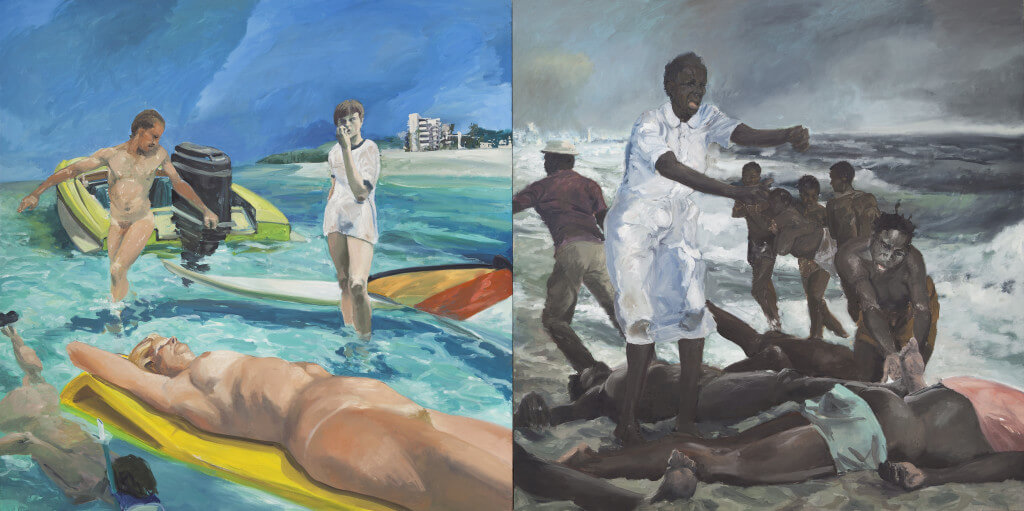 A Visit To/A Visit From/The Island (1983) by Eric Fischl. Oil on canvas 84 × 168 inches. Purchase with funds from the Louis and Bessie Adler Foundation Inc., Seymour M. Klein, President. 