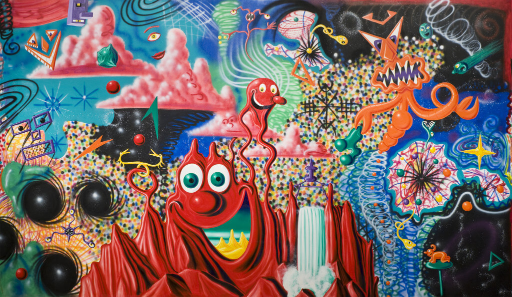 When the Worlds Collide (1984) by Kenny Scharf. Oil and spray paint on canvas 122 5/16 × 209 5/16 inches. Purchase with funds from Edward R. Downe Jr. and Eric Fischl. 