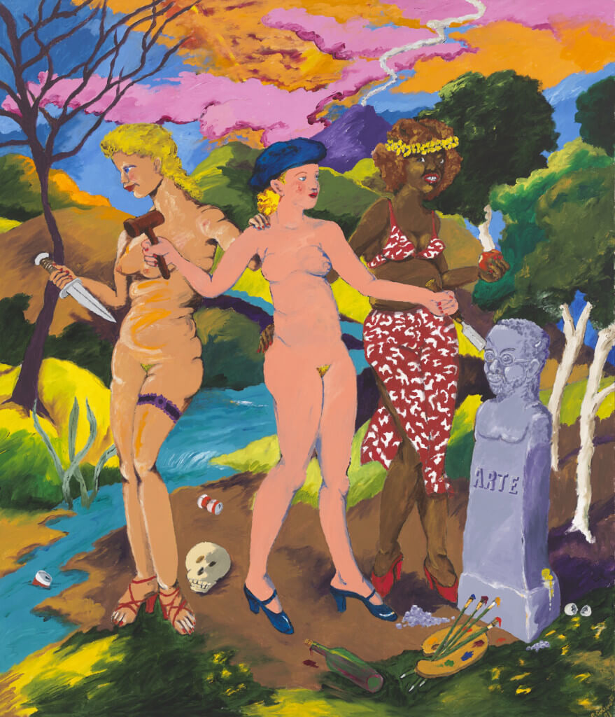 The Three Graces: Art, Sex and Death (1981) by Robert Colescott. Acrylic on canvas 84 × 72 inches. Gift of Raymond J. Learsy.
