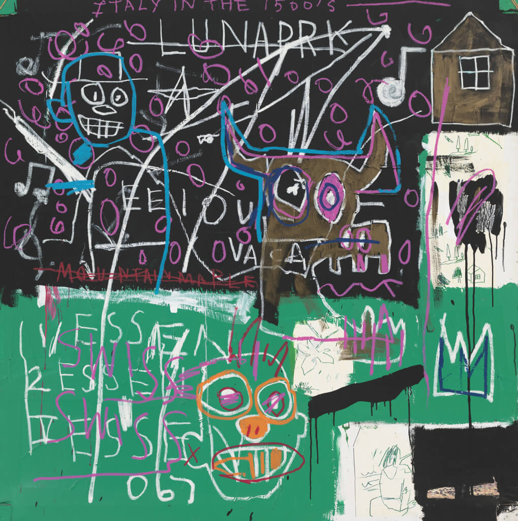 LNAPRK (1982) by Jean-Michel Basquiat. Acrylic, oil, oil stick, and fiber-tipped pen on found paper on canvas and wood, with rope 72 1/4 × 66 5/16 inches. Gift of June and Paul Schorr in honor of the 60th Anniversary of the Whitney Museum of American Art. 