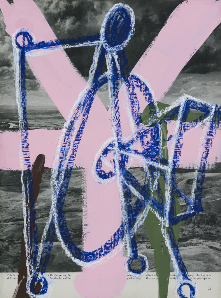 Omaha (2016) by David Salle. Oil-stick and flashe on archival digital print, 25.5 x 19 inches. Courtesy Galerie Thaddaeus Ropac © David Salle, licensed by Vaga, New York, 2017 Photo: John Berens Photography, New York.