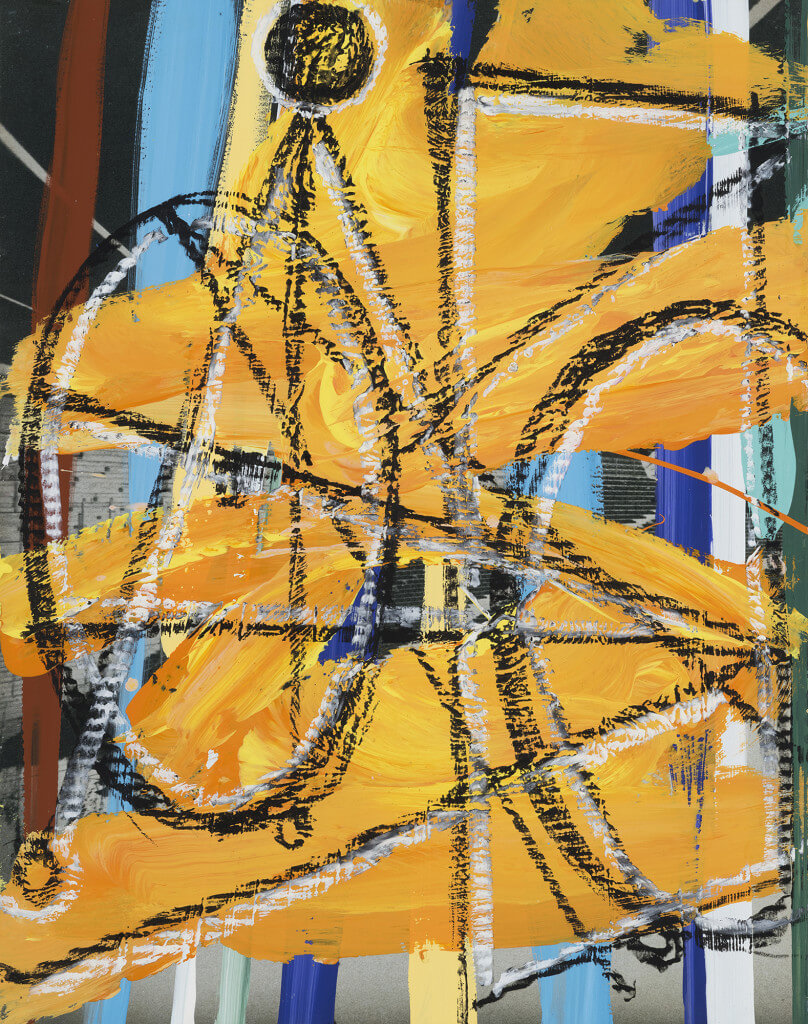 Bicycle (2016) by David Salle. Oil-stick and flashe on archival digital print, 24.5 x 19 inches. Courtesy Galerie Thaddaeus Ropac © David Salle, licensed by Vaga, New York, 2017 Photo: John Berens Photography, New York.