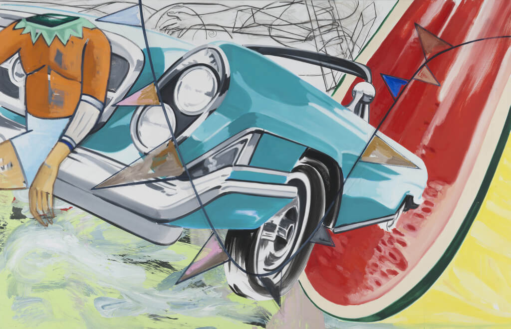 The Acrobat (2016) by David Salle. Oil, acrylic, charcoal, and archival digital print mounted on linen, 59,5 x 92 inches. Courtesy Galerie Thaddaeus Ropac © David Salle, licensed by Vaga, New York, 2017 Photo: Charles Duprat, Paris.
