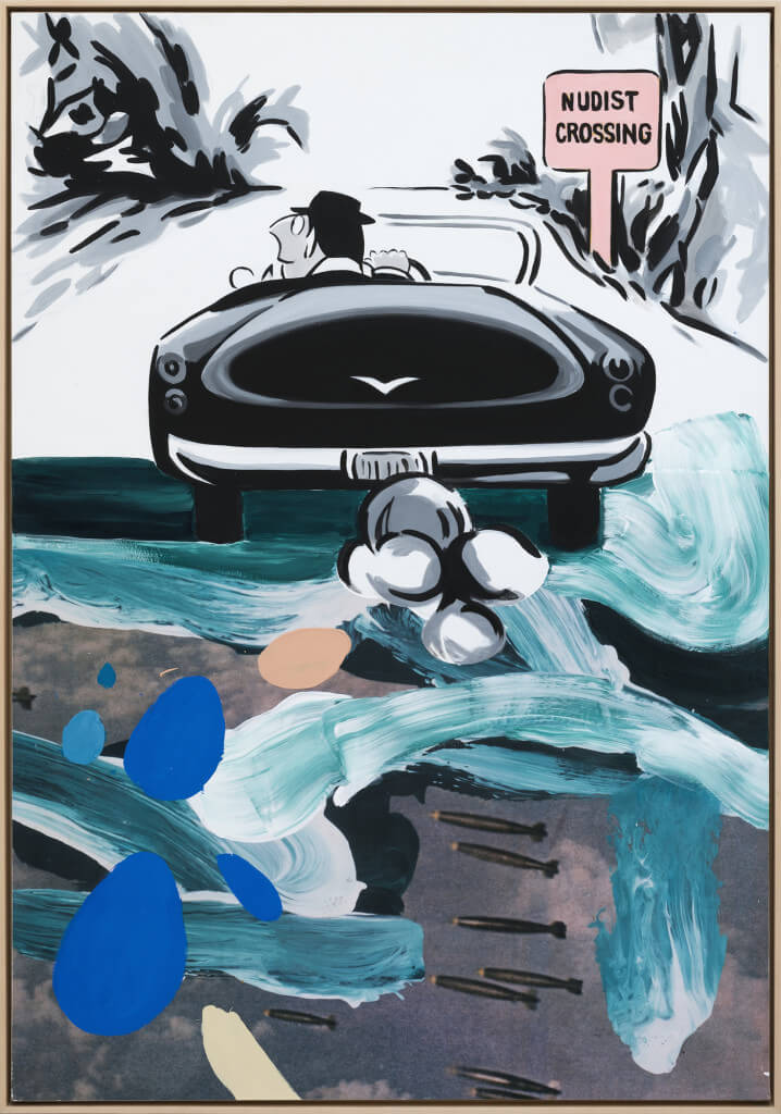Crossing (2016) by David Salle. Flashe, acrylic and archival printed mounted on linen, 65 x 45 inches. Courtesy Galerie Thaddaeus Ropac © David Salle, licensed by Vaga, New York, 2017 Photo: Charles Duprat, Paris.