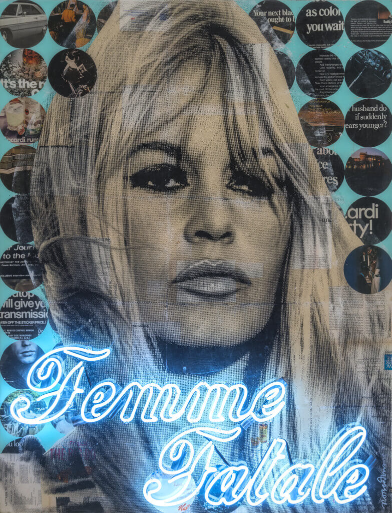 Femme Fatale by Robert Mars. Mixed media on wood panel with epoxy resin with neon tubing, 52 x 40 inches. Courtesy of JoAnne Artman Gallery.