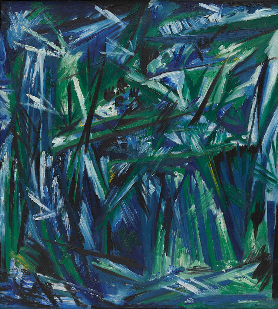 Rayonism, Blue-Green Forest (1913) by Natalia Goncharova. Oil on canvas, 21 1/2 x 19 ½ inches. The Museum of Modern Art, New York. The Riklis Collection of McCrory Corporation.