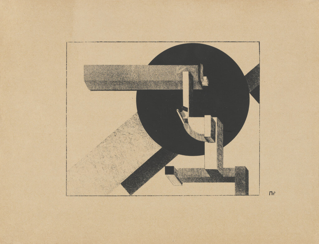 Proun 1 D (1920) by El Lissitzky. One from a portfolio of eleven lithographs, composition: 8 7/16 x 10 9/16 inches; sheet: 13 1/2 x 17 5/8 inches. The Museum of Modern Art, New York. Vincent d’Aquila and Harry Soviak Bequest, © 2016 Artists Rights Society.