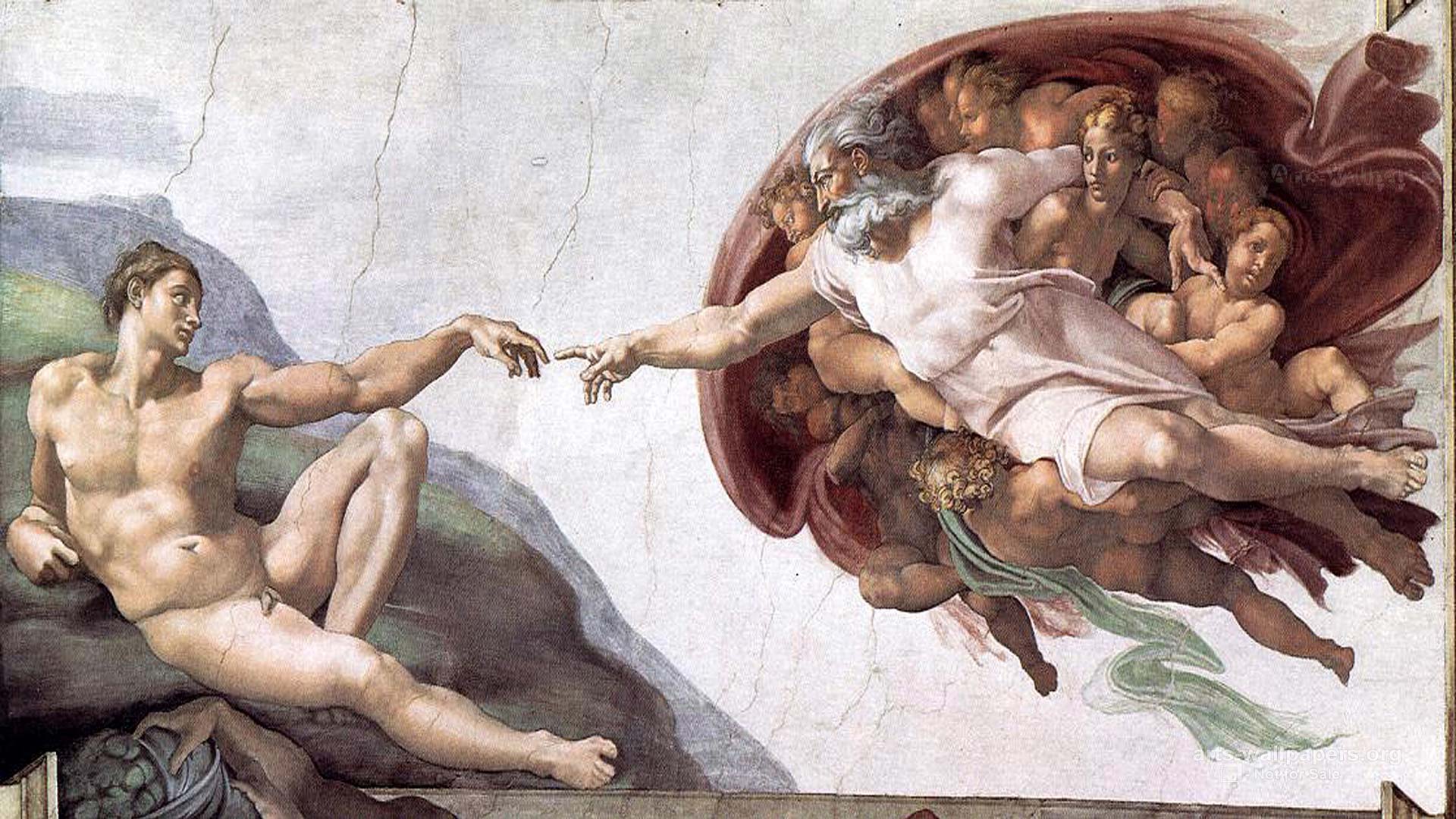 The Creation of Adam (detail, Sistine Chapel) (1508-1512) by Michelangelo