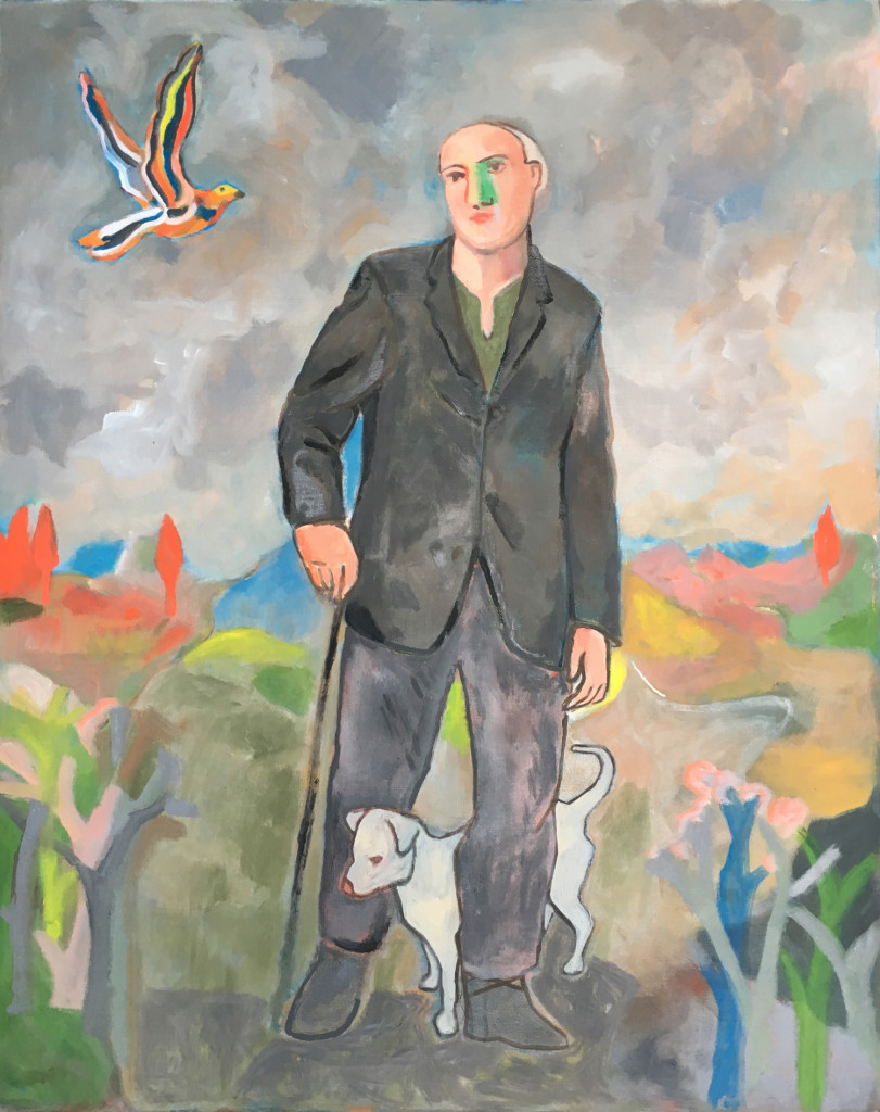 The Wayfarer with His Cane (Dog In Italian) (2017) by Sandro Chia. Oil on Canvas, 63.78 x 51.18 inches. Courtesy of Marcus Straus.