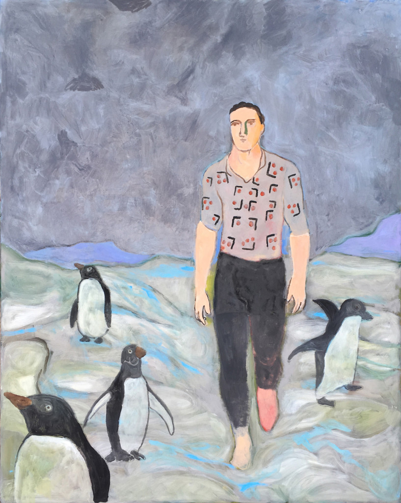 The Wayfarer with Penguins (2017) by Sandro Chia. Oil on Canvas, 60.24 x 48 inches. Courtesy of Marcus Straus.