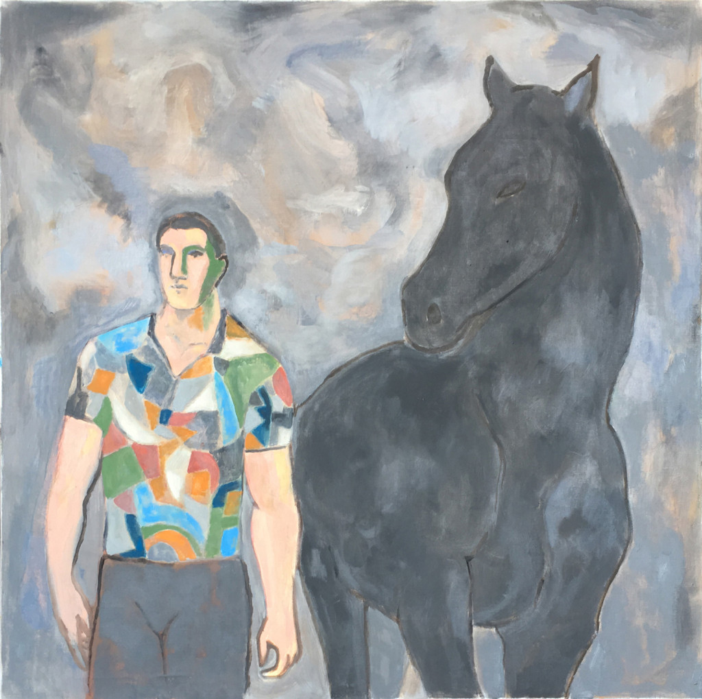 Walking With His Genius (2017) by Sandro Chia. Oil on Canvas, 40.16 x 40.16 inches. Courtesy of Marcus Straus.