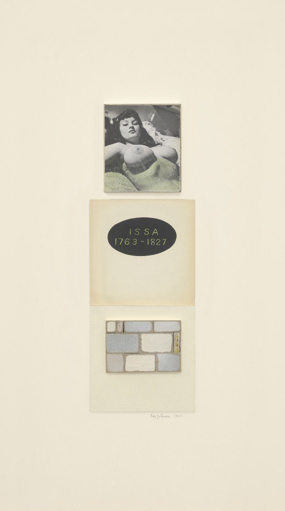 Issa, (1968). Ink and collage on board in artist's frame, 19 7/8 x 11 1/2 x 1 3/8 inches. © The Estate of Ray Johnson.