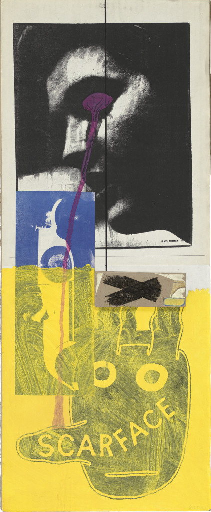Untitled (Elvis with Scarface Bunny), (1993). Ink and collage on board, 21 x 8 1/2 inches. © The Estate of Ray Johnson.