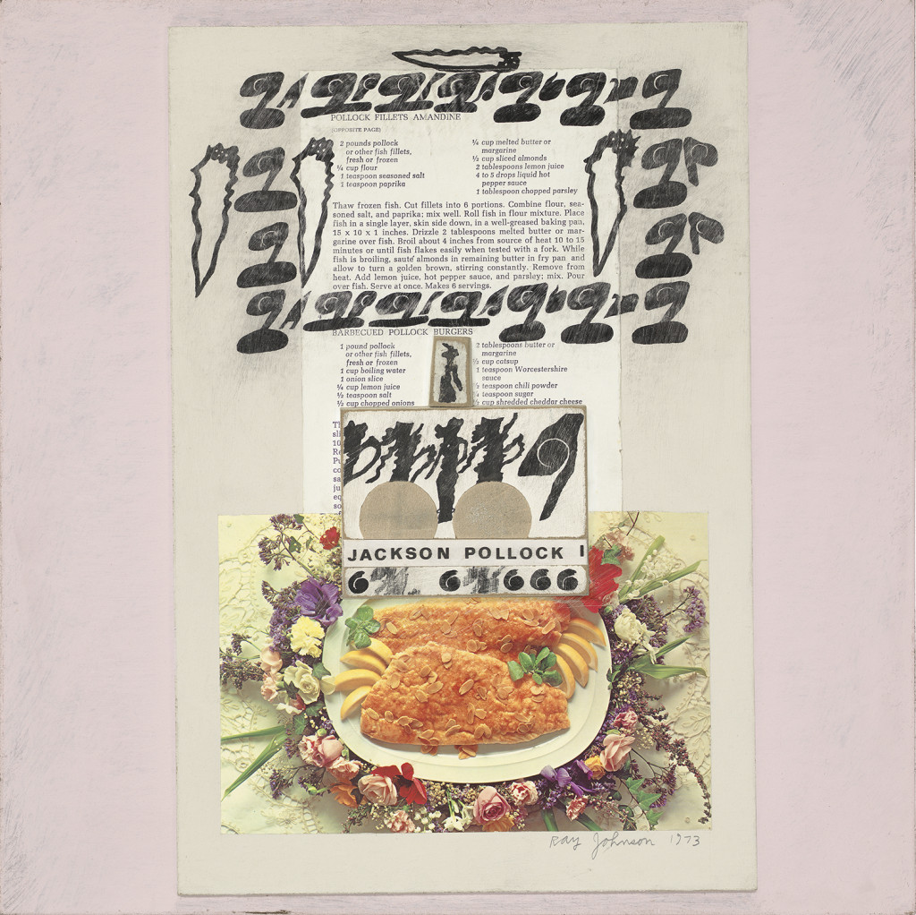 Untitled (Jackson Pollock Fillets), (1973). Ink and collage on board, 15 3/8 x 15 3/4 inches. © The Estate of Ray Johnson.